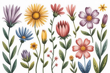Collection of diverse watercolor wildflowers and blossoms