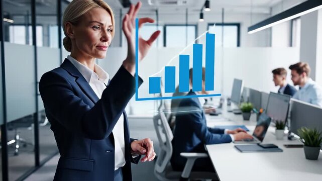 Professional businesswoman analyzes holographic growth chart with ascending blue bars in modern office. Digital data visualization technology displays financial statistics, performance metrics - Powered by Adobe