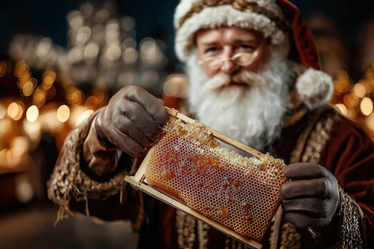 A beekeeper in a Santa hat holding honeycomb in a festive apiary