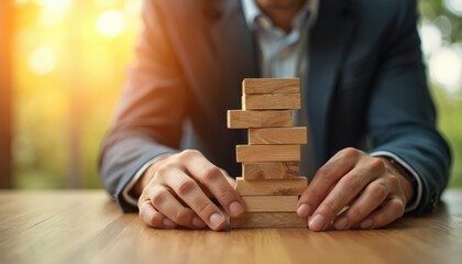 Man carefully builds wooden block tower on desk. Businessman balances pieces, grows structure, aims for success. Strategic planning, stability, career development concept.