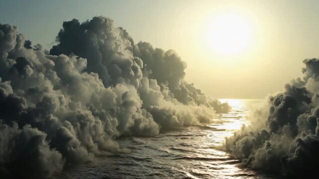 A surreal and dramatic cinematic sequence of massive, glowing, bioluminescent waves or clouds parting to reveal a path or channel of water leading toward a bright sun or light source on the horizon