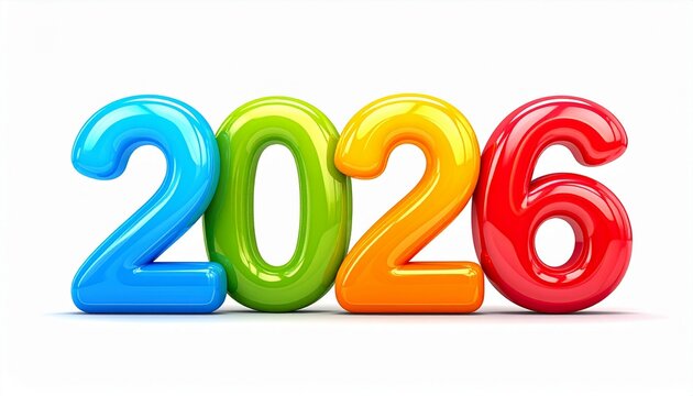 Bright and Glossy 2026 Year Numbers in 3D Bubble Style, Colorful Digits Isolated on White Background