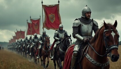 Fototapeta premium Knights ride horses across field. Medieval cavalry with flags march for war. Army wearing armour and helmet move towards battle on horseback. Historical troop patrol land.