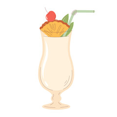 Creamy Pina Colada vector illustration. Hand drawn flat style design of a sweet tropical drink in a hurricane glass, garnished with a pineapple, cherry, straw. For summer bar menu, vacation themes