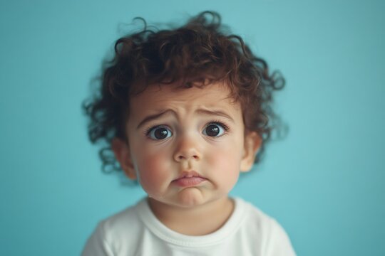 Curly haired toddler with worried, confused expression against a teal studio background, front view portrait showing innocence - Powered by Adobe