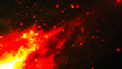 Dynamic, intense and powerful fire flame in red-orange tones with sparks on a complex mesh mosaic background.