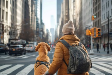Person and guide dog waiting at a busy city street crosswalk, navigating the urban environment for independence