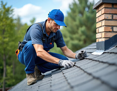 Young man installs metal flashing around brick chimney on house roof. Roofer works on home exterior improvement, repair service. Contractor provides maintenance, focused on detail, wearing safety