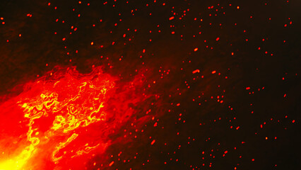 Dynamic, intense and powerful fire flames in red-orange tones sparkle and sparkle on a dark background.