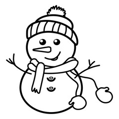 Vector illustration of a cute snowman in linear style with hat and scarf, perfect for christmas greeting cards, coloring pages, icons and decor.