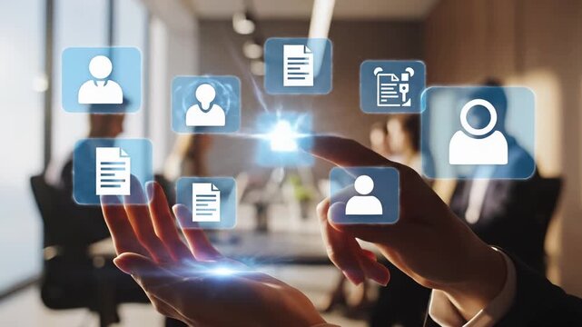 Human resources management interface with virtual profile icons, documents and employee avatars. Business hands interact with digital hr recruitment system. Talent acquisition, workforce database
