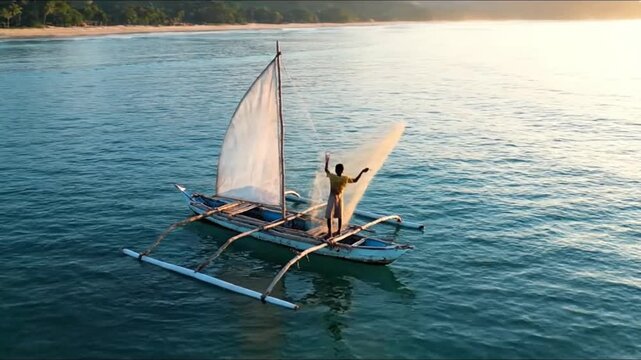 Fisherman casting a net from a traditional jangada raft at sunrise