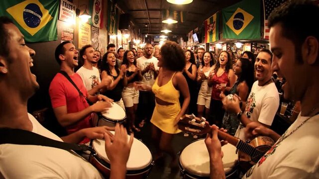 Woman dancing at a lively Roda de Samba in Brazil.