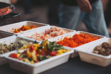 Vibrant vegetable display at a bustling street market showcasing fresh ingredients ready for delicious dishes