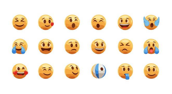 A vibrant collection of expressive 3D emoji icons, featuring a diverse range of emotions from joy and laughter to surprise and sadness, presented on a clean black background for maximum visual impact