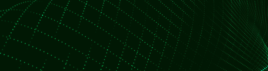 Futuristic dot wave. Abstract digital particle wave. Technology background. Colored musical wave. Dark background. Digital background with smooth, wavy curves. 3D vector illustration