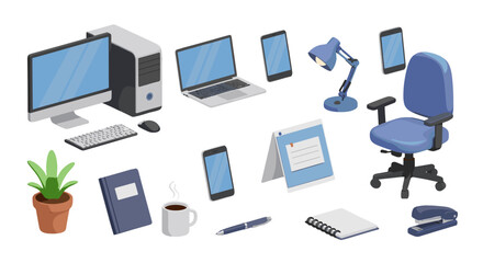A vibrant collection of modern office supplies and technology, including a desktop computer, laptop, smartphones, a desk chair, a lamp, a potted plant, a notebook, a coffee mug, a pen, a notepad, and