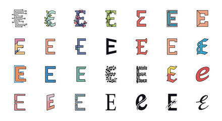 Collection of 24 unique and diverse artistic letter E designs, showcasing a variety of styles including geometric, floral, abstract, and typographic, presented on a black background for maximum