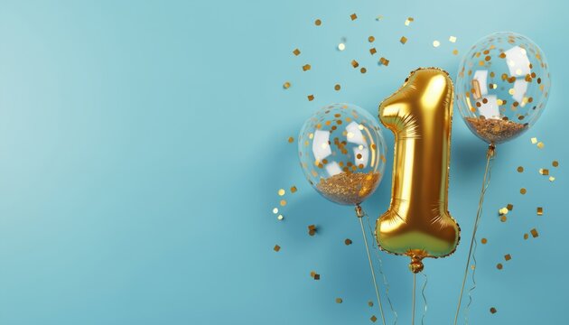 Gold number one balloon with confetti against a light blue backdrop. Helium balloons are a symbol of celebration party and holiday. Shiny decorations and festive atmosphere.