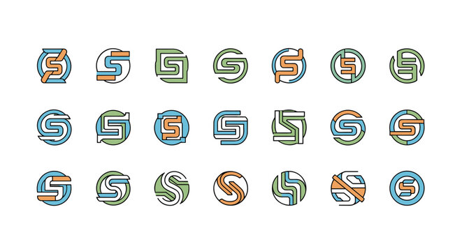 Collection of 21 stylized letter S logos, presented in a grid format on a black background, featuring a modern, geometric design with a color palette of blue, green, and orange, suitable for branding