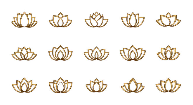 Set of golden lotus flower icons with a metallic sheen, isolated on a black background, representing purity, enlightenment, and spiritual growth, ideal for yoga studios, meditation apps, and wellness