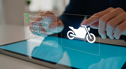 A hand selects a motorcycle icon for the concept of technology and transport.