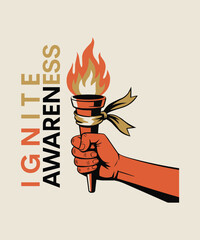 A hand holding a burning torch with the word ignite awareness