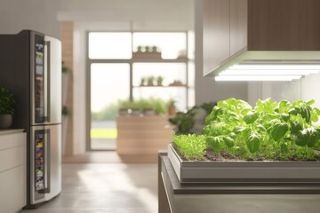 Fresh green basil and sprouts thriving in a modern indoor hydroponic garden, illuminated by grow lights within a contemporary kitchen