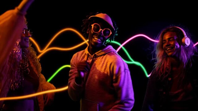 Three adults dance at music festival, wearing headphones and casual clothes, with one Caucasian person in pink hoodie raising arms, creating energetic atmosphere with neon orange, purple