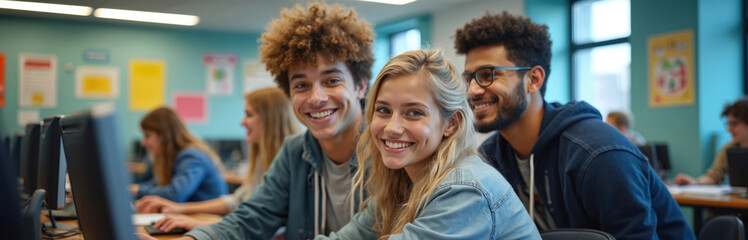 Diverse group of smiling high school students in computer lab. Young people learn together on tech projects. Peers work on academic tasks at workstations. Future generation uses modern computers.