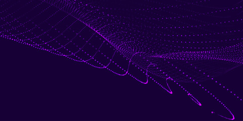 Futuristic dot wave. Abstract digital particle wave. Technology background. Colored musical wave. Dark background. Digital background with smooth, wavy curves. 3D vector illustration