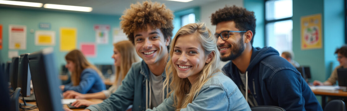 Diverse group of smiling high school students in computer lab. Young people learn together on tech projects. Peers work on academic tasks at workstations. Future generation uses modern computers. - Powered by Adobe