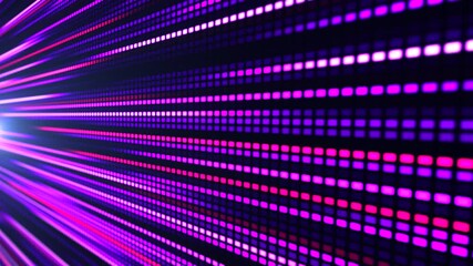 Animation of an LED or pixel panel, where bright stripes of blue, violet and white light create the effect of movement and energy. Perspective depth and dynamic lines emphasize the technology and rhyt - Powered by Adobe