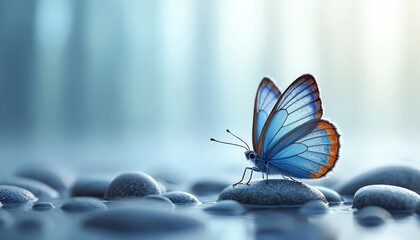Illustration of a blue butterfly with detailed wings resting on smooth pebbles. Nature scene shows insect resting on rocks at water. Beauty of wildlife and delicate details are at the photo.