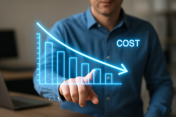 Businessman pointing at a decreasing bar graph with a downward arrow and cost text, signifying successful business expense reduction and efficiency