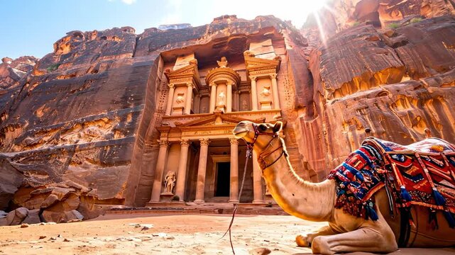 The Treasury of Petra with a Camel Resting in Front.