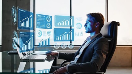 Businessman analyzes holographic data dashboards with multiple charts, graphs, and growth statistics in modern office workspace. Digital business intelligence visualization displays financial - Powered by Adobe