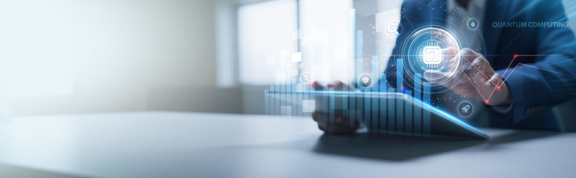 Businessman analyzing structured graph charts and tablet data of quantum computing, data processing, algorithm optimization, advanced computation, technology innovation, and digital transformation.
