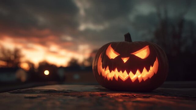Glowing Halloween pumpkin with carved scary face at sunset dark sky background spooky holiday atmosphere concept