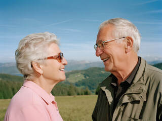 Elderly Couple Smiling Outdoors in Hilly Landscape