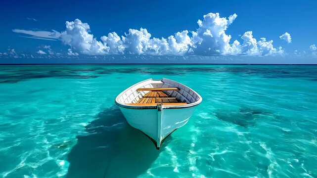 Small White Boat Floating on Crystal Clear Turquoise Water Under a Bright Blue Sky with Fluffy Clouds.