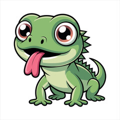 Cute cartoon green lizard with big eyes isolated on white background