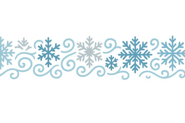 Winter border featuring various snowflakes and swirling frost patterns, cold season, transparent background