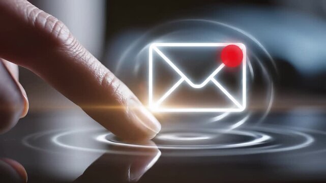 Finger touches glowing holographic email envelope with red notification alert. Digital communication interface for incoming message, new mail delivery, and electronic correspondence. Virtual