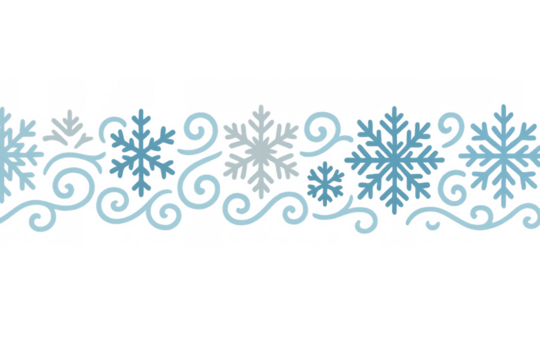 Winter border featuring various snowflakes and swirling frost patterns, cold season, transparent background