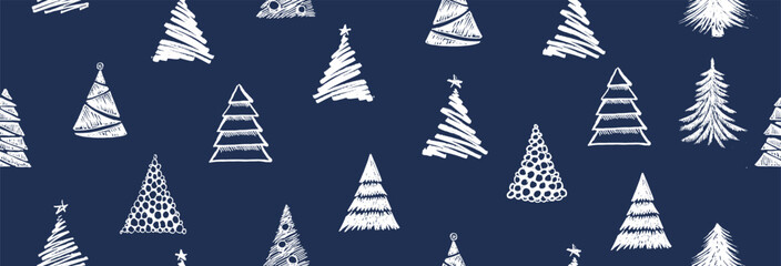 Christmas tree white on blue, hand drawn illustrations.	