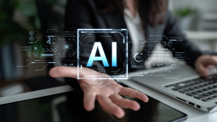 A futuristic user interface for business intelligence. This advanced AI dashboard displays complex data analysis, charts, and graphs for strategic corporate insights. Fermion