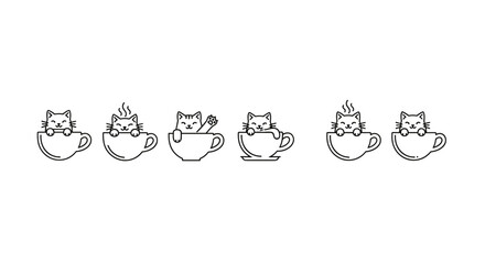 A charming set of six minimalist line art illustrations featuring adorable cats peeking out of coffee cups, perfect for adding a touch of whimsy and warmth to designs related to pets, beverages, or