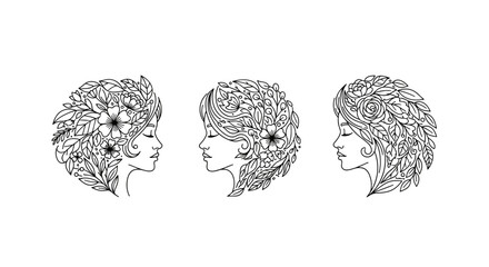 Three stylized female profiles with intricate floral and leaf-patterned hair, rendered in a delicate white line art style against a stark black background, evoking a sense of natural beauty and