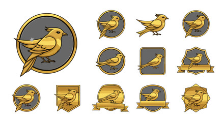 Collection of golden canary bird emblems and icons, featuring a variety of stylized designs with metallic gold accents and dark grey backgrounds, perfect for logos, badges, and branding elements
